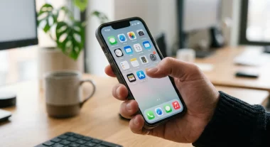App Storeのアイコンとスマートフォンを操作する手元のイメージ画像