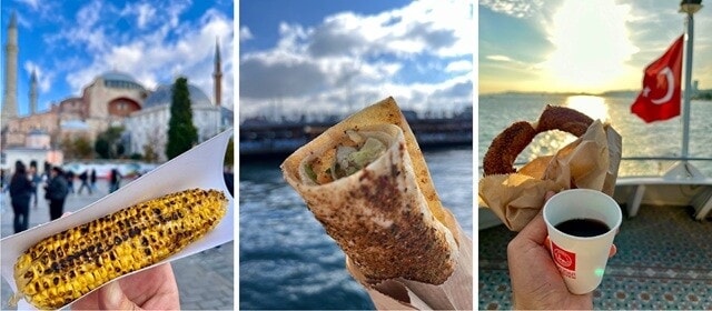 （左）アヤソフィアを背景に食べた焼きもろこし。（中央）ガラタ橋とボスポラス海峡を背景に食べたサバラップ。（右）ボスポラス海峡の上で食べたシミットと、一緒に飲んだトルコティー。どれもマズくはなかったけれど、「美味い！」と唸るほどだったかと言われると......であった。