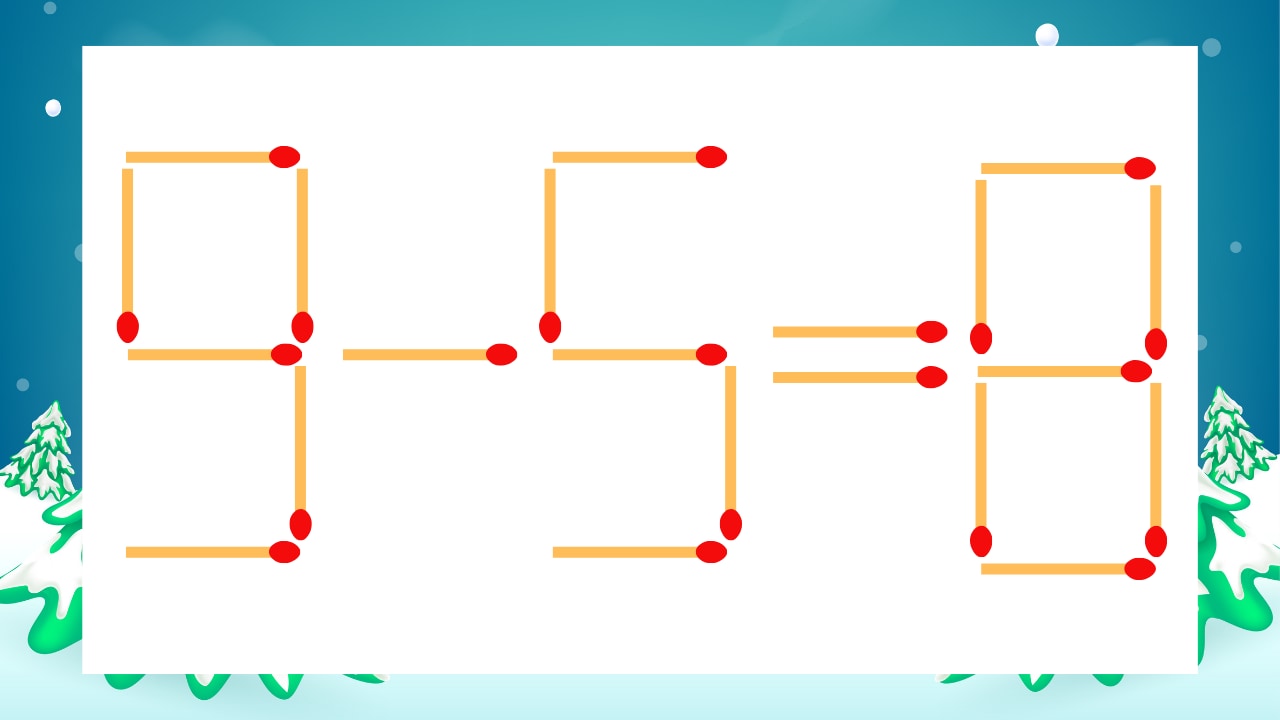 【マッチ棒クイズ】1本だけ動かして正しい式に：9-5=8？の画像