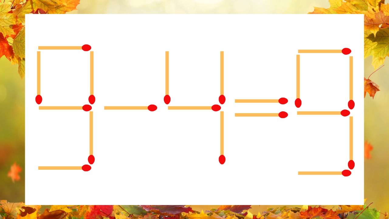【マッチ棒クイズ】1本だけ動かして正しい式に：9−4＝9？の画像