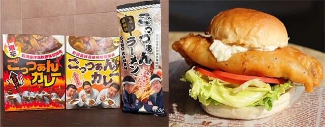 能水商店では、相撲部が開発に携わったごっつぁんシリーズ商品(左)が人気だ。横綱昇進セール時には限定の横綱あんこうバーガー(右)も販売された