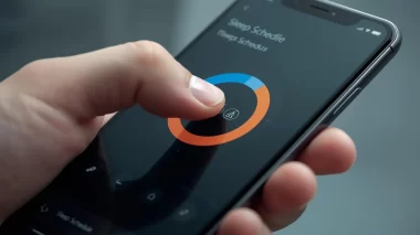 iPhoneのヘルスケアアプリで「睡眠」のセットアップ画面を操作している手元のクローズアップ。就寝時刻と起床時刻の設定ダイヤルが見えている