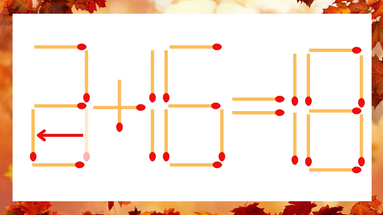 【マッチ棒クイズ】1本だけ動かして正しい式に:3+16=18?の正解画像