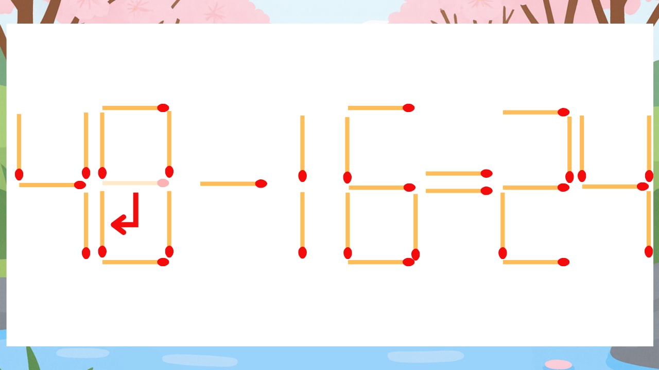 【マッチ棒クイズ】1本だけ動かして正しい式に：49-16=24？の正解画像