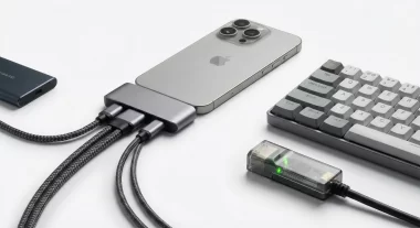 iPhoneの底面USB-Cポートに様々なアクセサリー（SSD、キーボード、Ethernetアダプタ）が接続されているイメージ写真