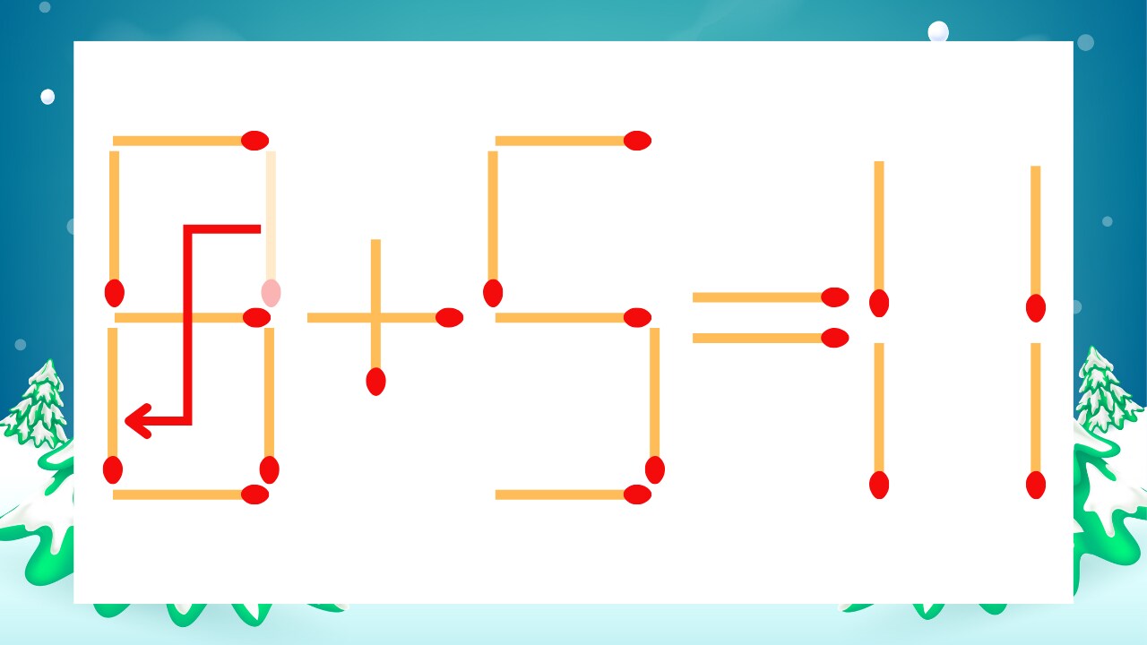 【マッチ棒クイズ】1本だけ動かして正しい式に：9+5=11？の正解画像