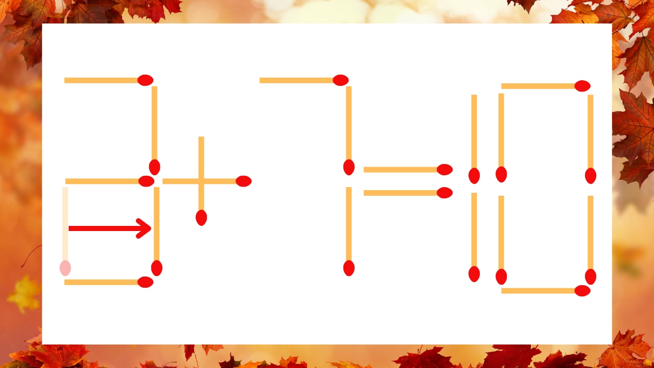 【マッチ棒クイズ】1本だけ動かして正しい式に:2+7=10?の正解画像