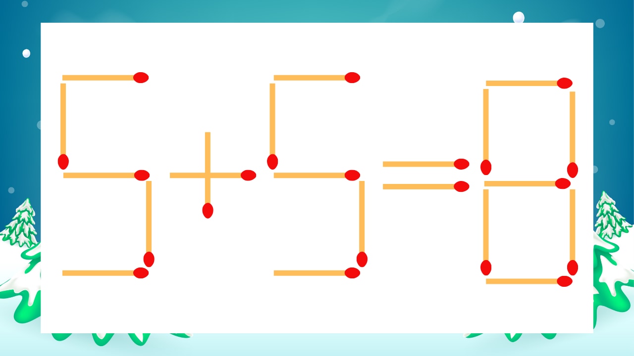 【マッチ棒クイズ】1本だけ動かして正しい式に：5+5=8？の画像