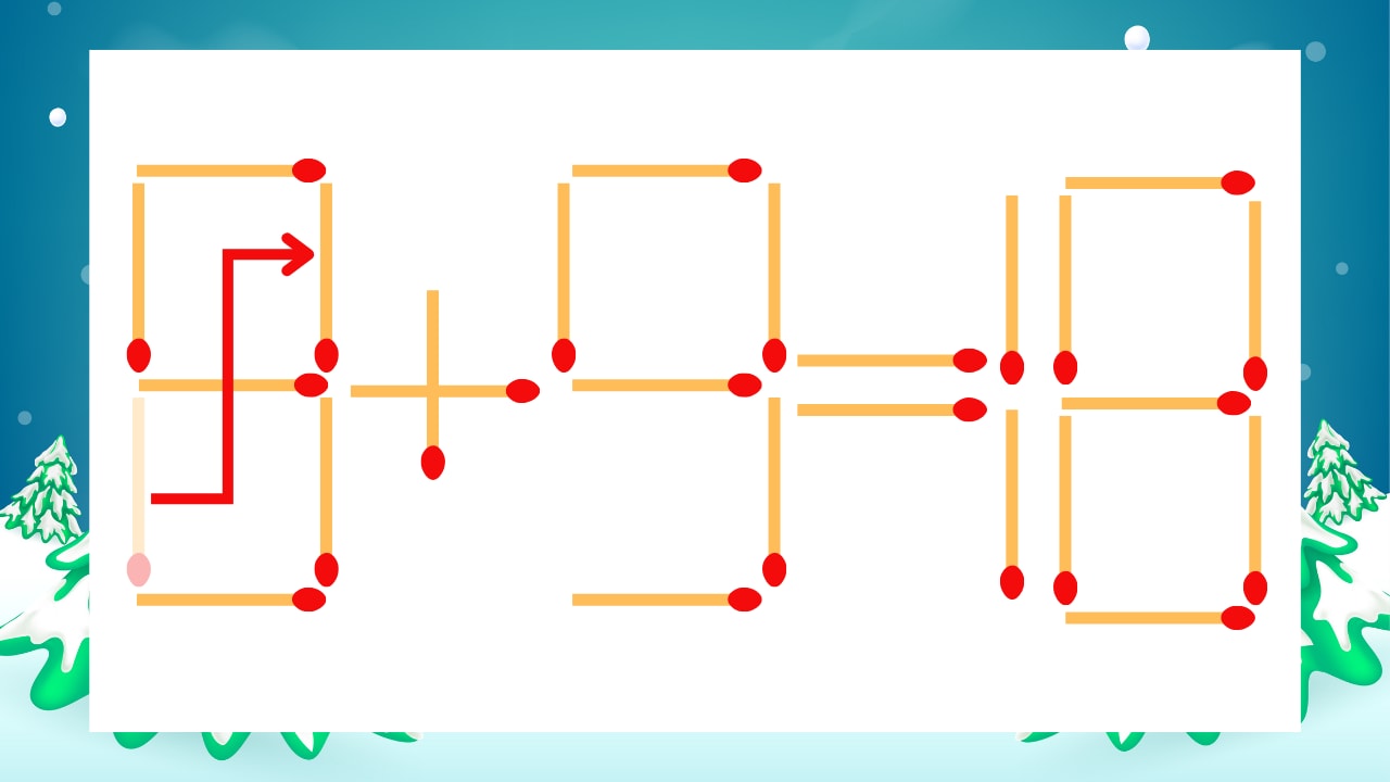 【マッチ棒クイズ】1本だけ動かして正しい式に:6+9=18?の正解画像