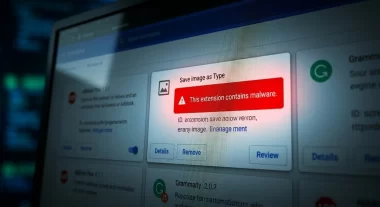 Chromeが「Save Image as Type」拡張機能に対して「この拡張機能にはマルウェアが含まれています」と警告を表示しているスクリーンショット