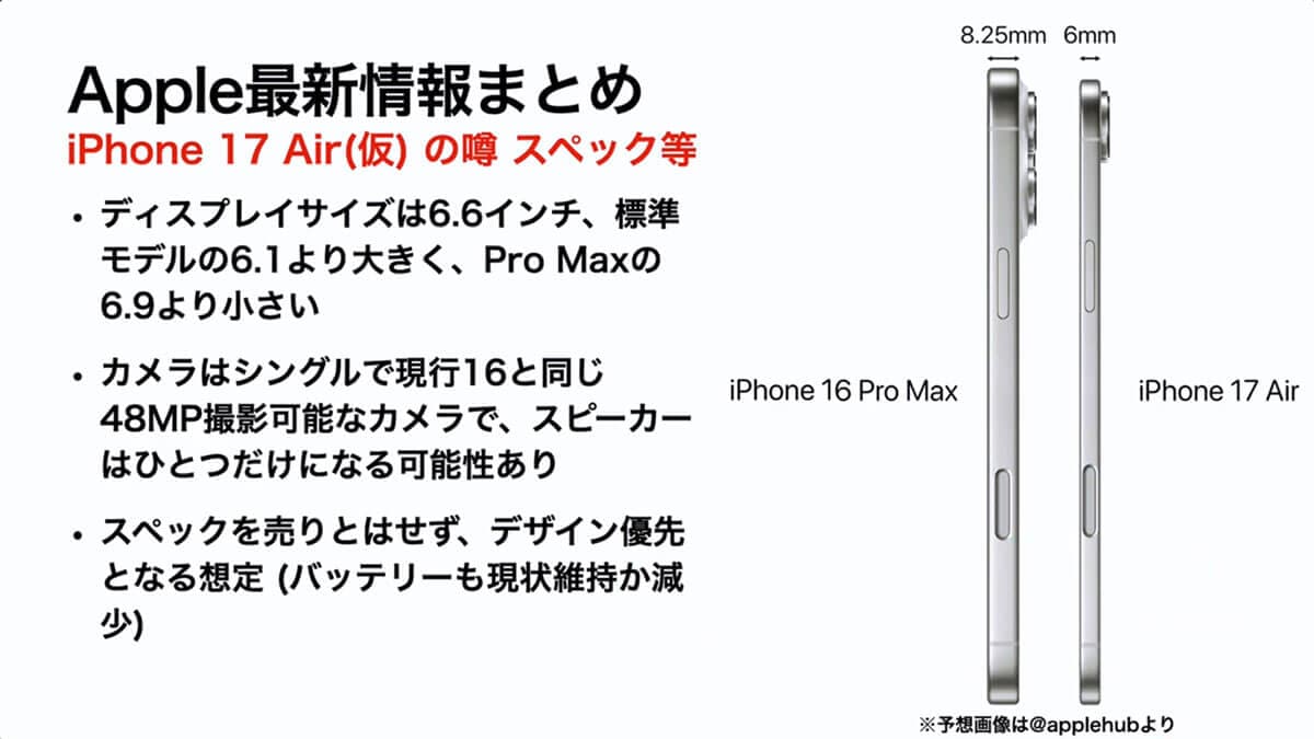 iPhone 17 Air（仮）の噂－デザイン等2