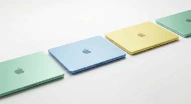 カラフルなMacBookのイメージ画像。グリーン、ブルー、イエローなど複数カラーが並ぶ構図