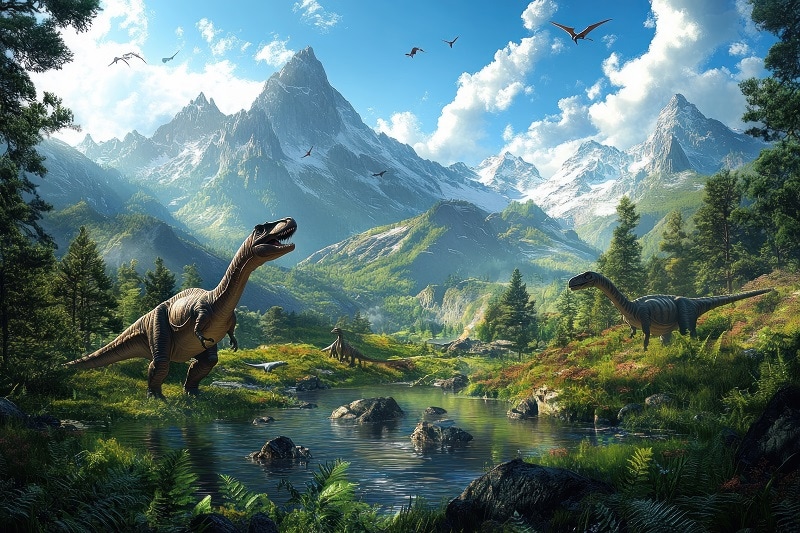 Dinosaurs in a Lush Prehistoric Landscape with Mountains and Greenery Habitat of T-Rex Triceratops and other Ancient Creatures