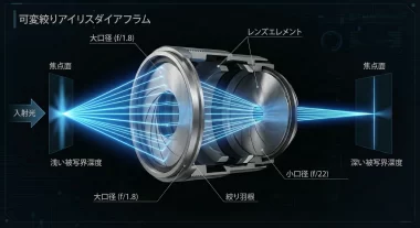 可変絞りレンズの仕組みを示す図解。絞りの開閉でボケ量と光量が変わる様子
