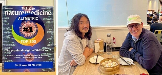 （左）エディーの教授室に飾ってあったパネル。通称「Proximal Origin論文」は、新型コロナの起源に言及する重要な総説論文で、2020年の閲覧数1位の論文になった。しかし一方で、陰謀論者たちの非難の的にもなっている。（右）私とエディー。「鼎泰豊（ディンタイホン）」で小籠包を食べた。