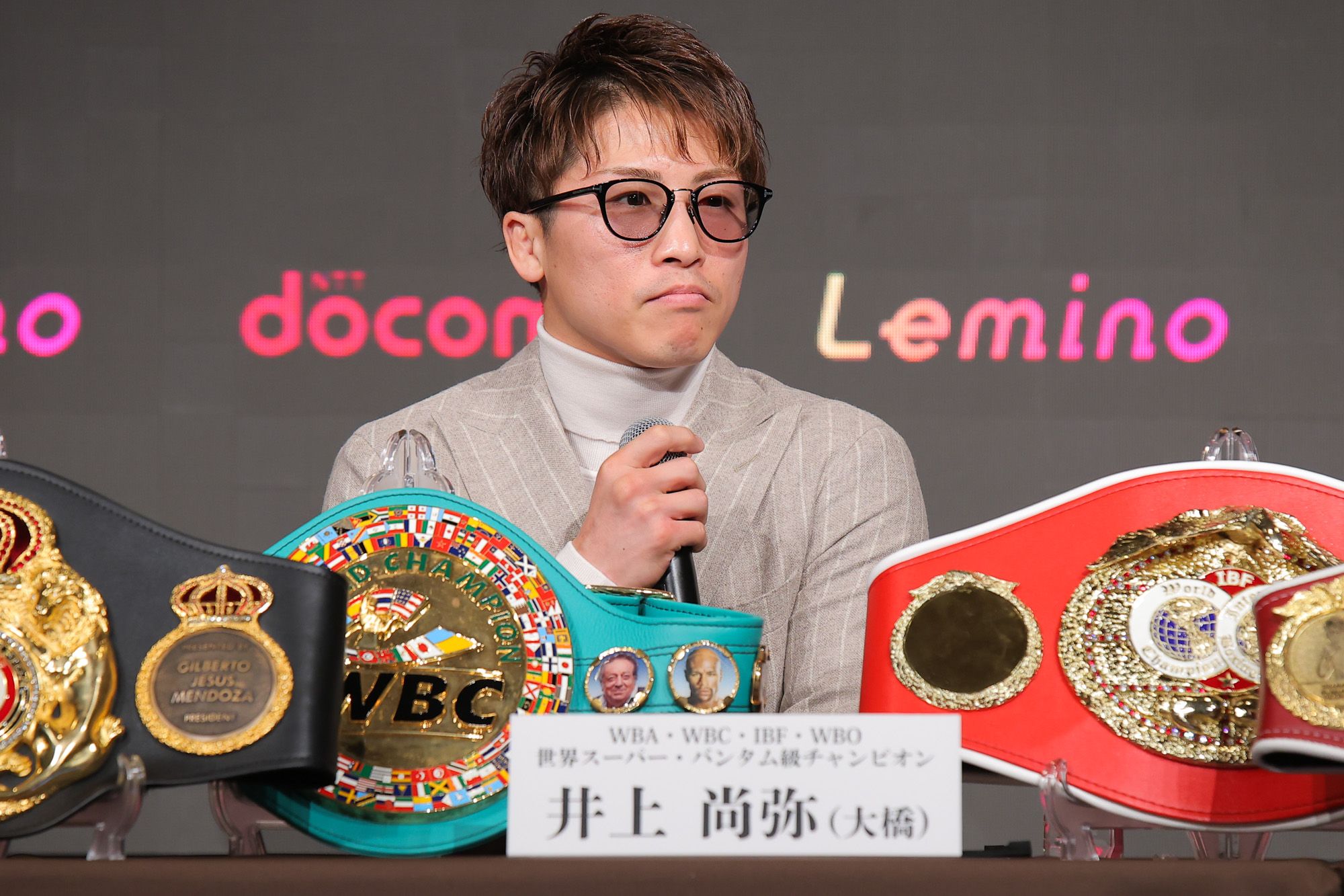 「NTTドコモ presents Lemino BOXING 井上尚弥vsサム・グッドマン 武居由樹 防衛戦 世界タイトルマッチ開催発表記者会見」に登壇した井上尚弥選手　　　　撮影：大野代樹