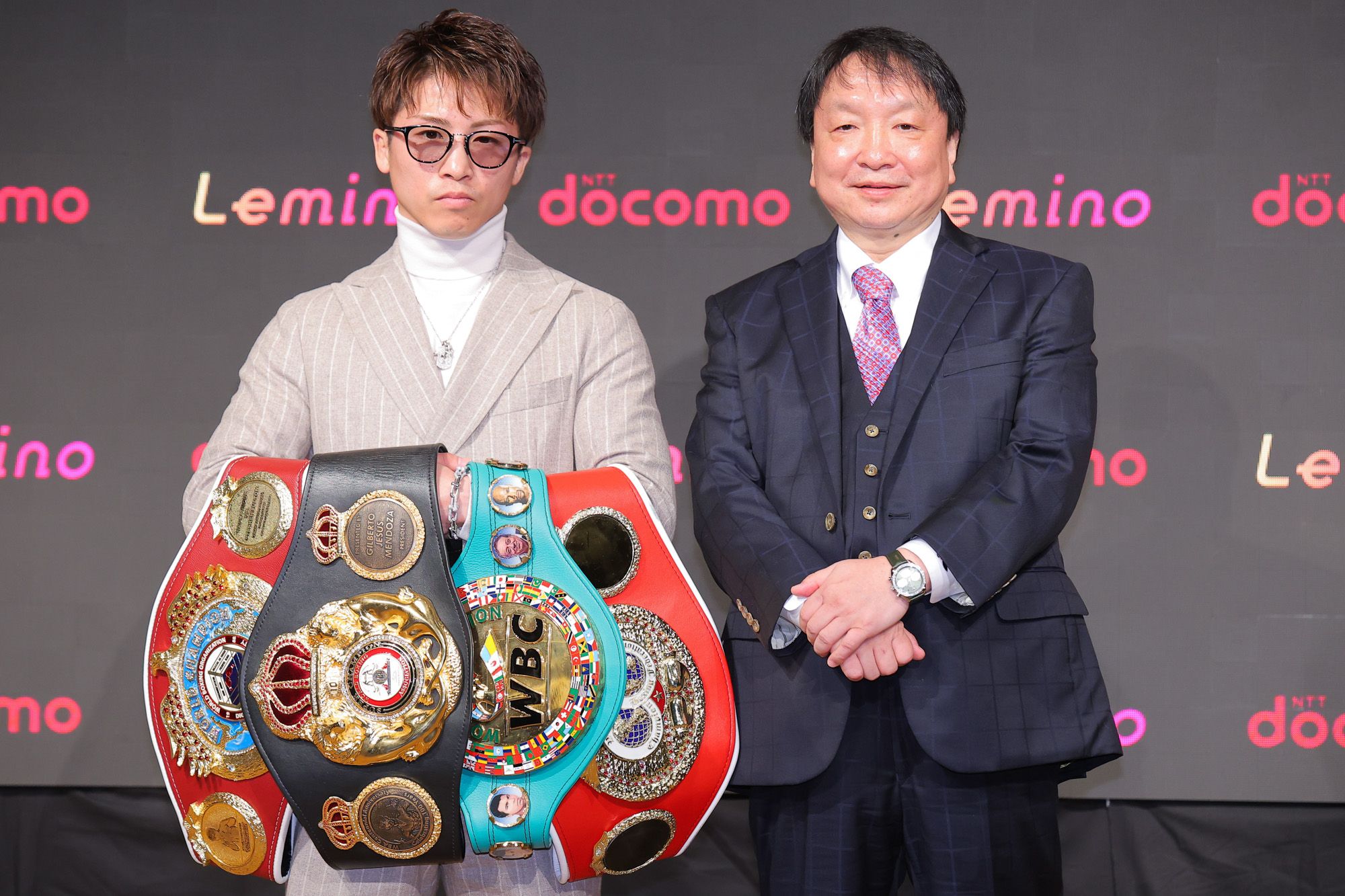 「NTTドコモ presents Lemino BOXING 井上尚弥vsサム・グッドマン 武居由樹 防衛戦 世界タイトルマッチ開催発表記者会見」に登壇した井上尚弥選手、大橋秀行会長　　　　撮影：大野代樹