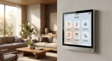 Appleのスマートホームデバイスのコンセプトイメージ。壁面に正方形のディスプレイが貼り付いている様子