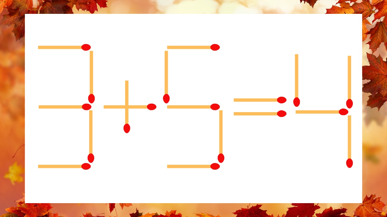 【マッチ棒クイズ】1本だけ動かして正しい式に：3+5=4？の問題画像