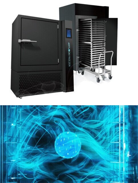 デイブレイクが提供する特殊冷凍機「アートロックフリーザー」。複数のファンが内蔵されており、冷気が食材を取り囲んで高速で冷却する(下のイメージ図)。これにより食材へのダメージを抑え、すしや天ぷら、焼き鳥などの冷凍を実現