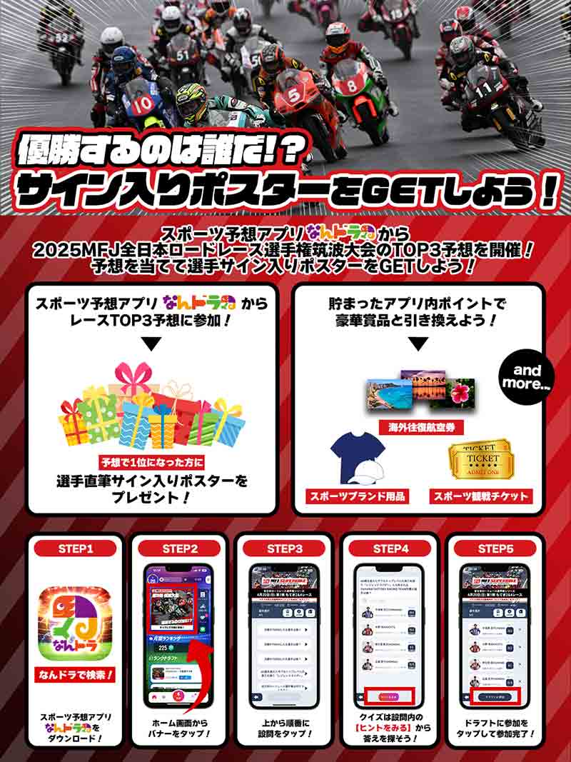 全日本ロードレース選手権 筑波大会のTOP3を予想しよう! スポーツ予想アプリ「なんドラ」で企画開催 記事1