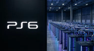 PlayStation 6のロゴとAIデータセンターのサーバーラックを対比させたイメージ画像