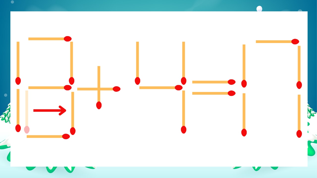 【マッチ棒クイズ】1本だけ動かして正しい式に:12+4=17?の正解画像