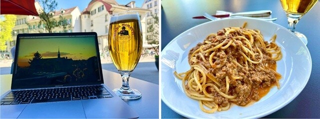 旅先でお決まりの、カフェでビールを飲みながらの仕事（左）。頼んだボロネーゼもちゃんとおいしかった（右）