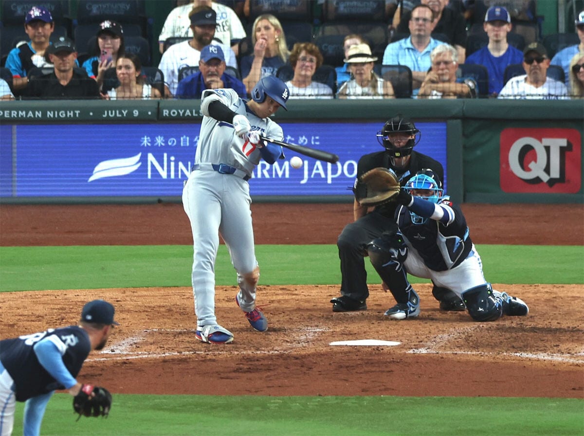 6月27日、ロイヤルズ戦5回に同点タイムリーを放ったドジャースの大谷翔平