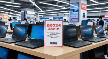 Lenovoのノートパソコンが並ぶ店頭棚に「価格改定のお知らせ」の札が貼られているイメージ画像