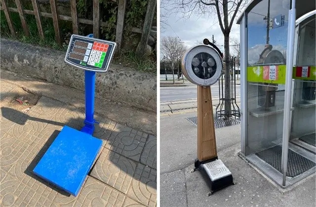 街中にある体重計。（左）アディスアベバのメルカト市場にて。（右）3週間前に訪問した、オーストリア・ウィーンの街中にて。