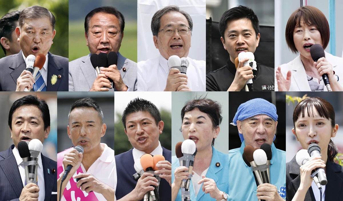 （上左から）自民党総裁の石破首相、立憲民主党の野田代表、公明党の斉藤代表、日本維新の会の吉村代表、共産党の田村委員長、（下左から）国民民主党の玉木代表、れいわ新選組の山本代表、参政党の神谷代表、社民党の福島党首、日本保守党の百田代表、みんなでつくる党の大津党首