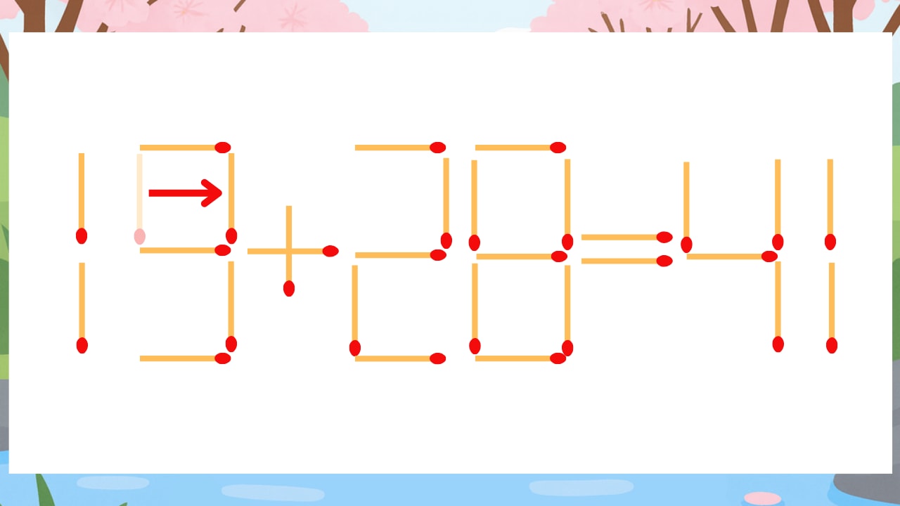【マッチ棒クイズ】1本だけ動かして正しい式に:15+28=41?の正解画像