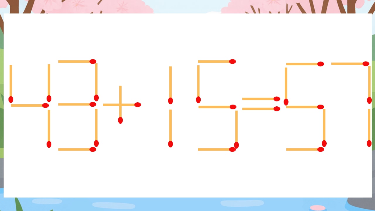 【マッチ棒クイズ】1本だけ動かして正しい式に：43+15=57？の画像