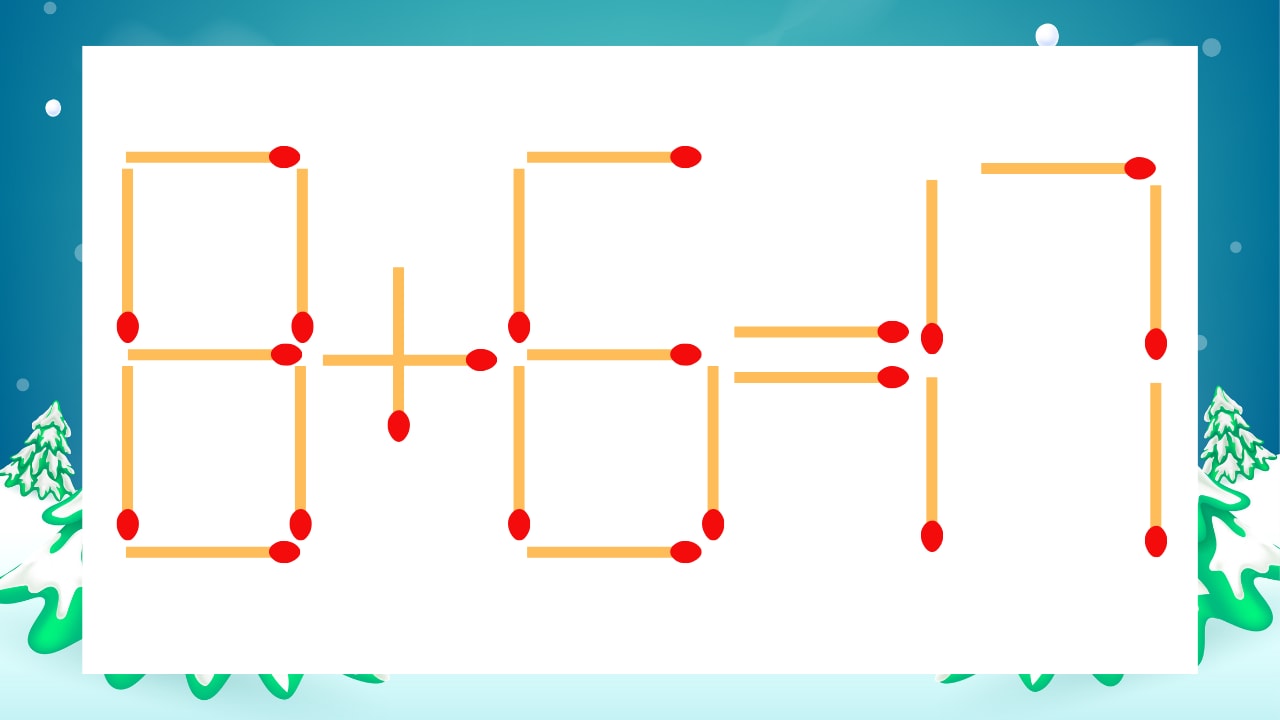 【マッチ棒クイズ】1本だけ動かして正しい式に：8+6=17？の画像