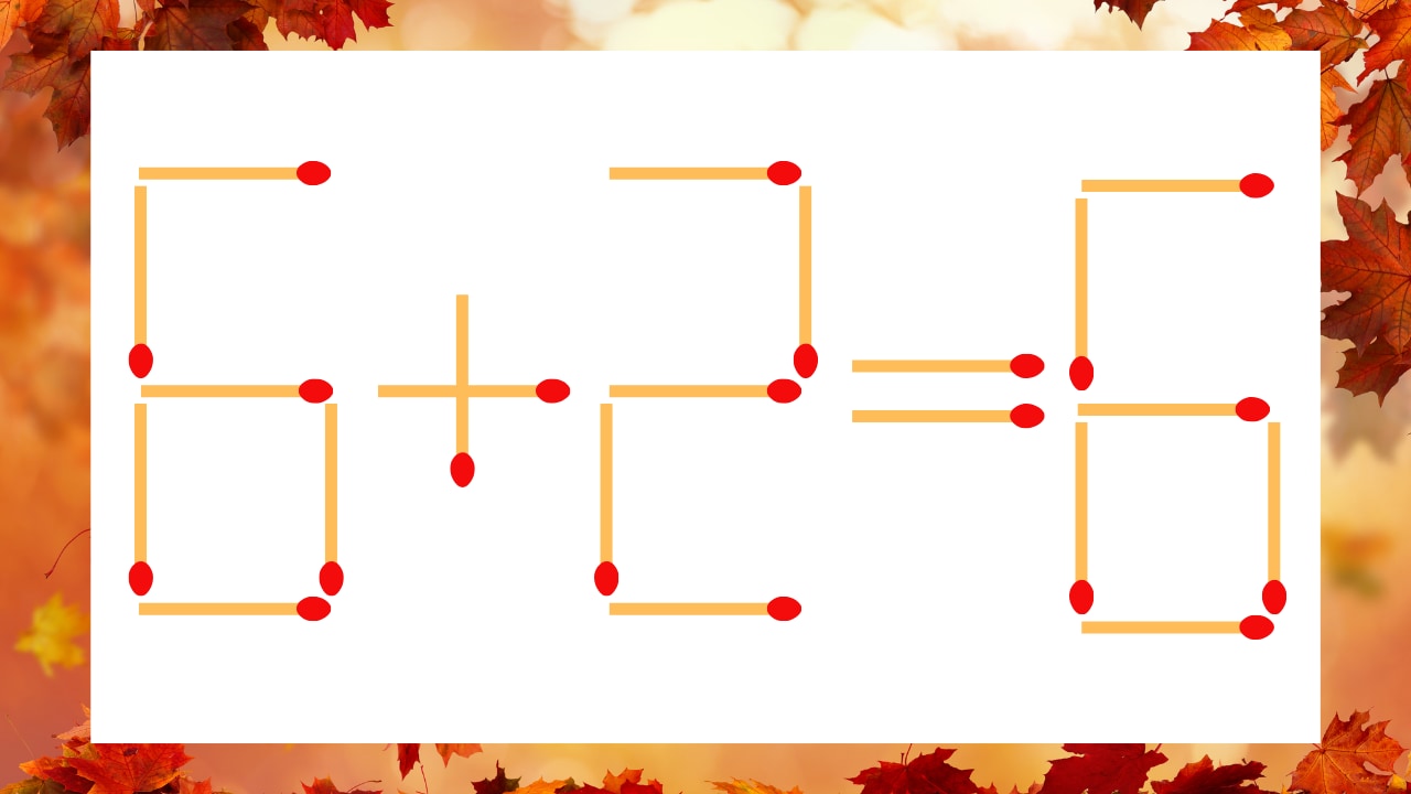 【マッチ棒クイズ】1本だけ動かして正しい式に:6+2=6?の画像