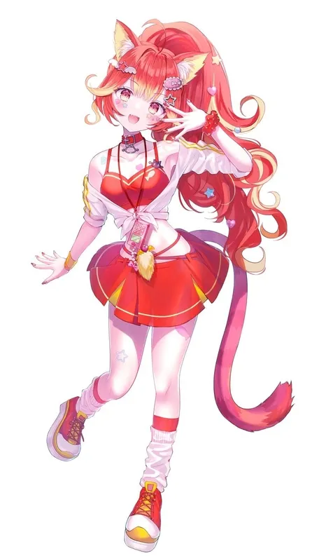 赤い髪に猫耳としっぽを持つ女の子のイラスト