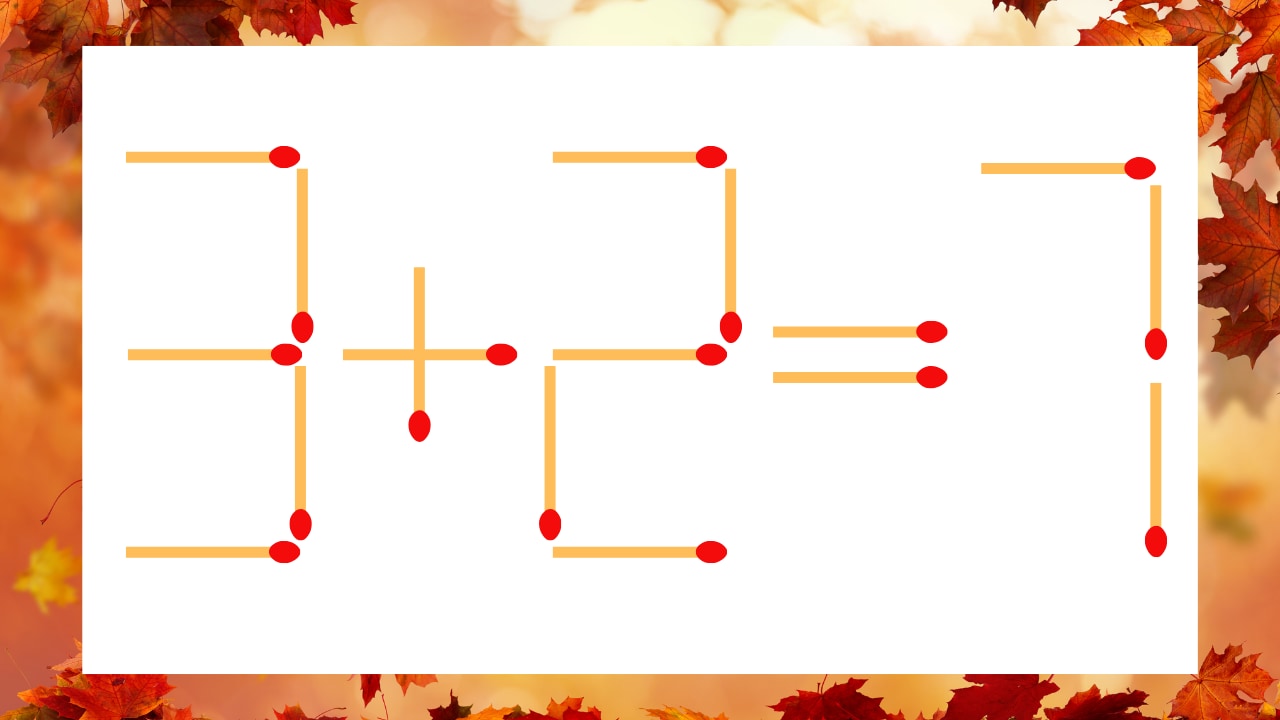 【マッチ棒クイズ】1本だけ動かして正しい式に：3+2=7？の画像
