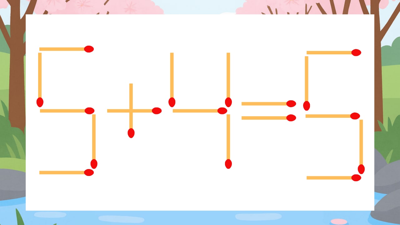 【マッチ棒クイズ】1本だけ動かして正しい式に：5+4=5？の画像