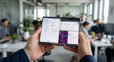 折りたたみスマートフォンを手に持つイメージ画像