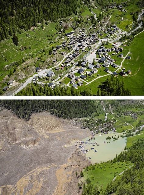 （上）5月23日のブラッテン村。（下）同29日の様子。氷河の崩壊で発生した大規模な地滑りにのみ込まれた