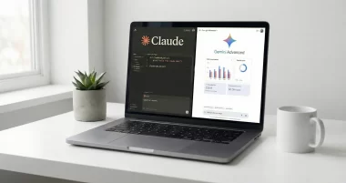 ノートPCの画面にClaude CodeとGeminiのロゴが並んでいるイメージ画像