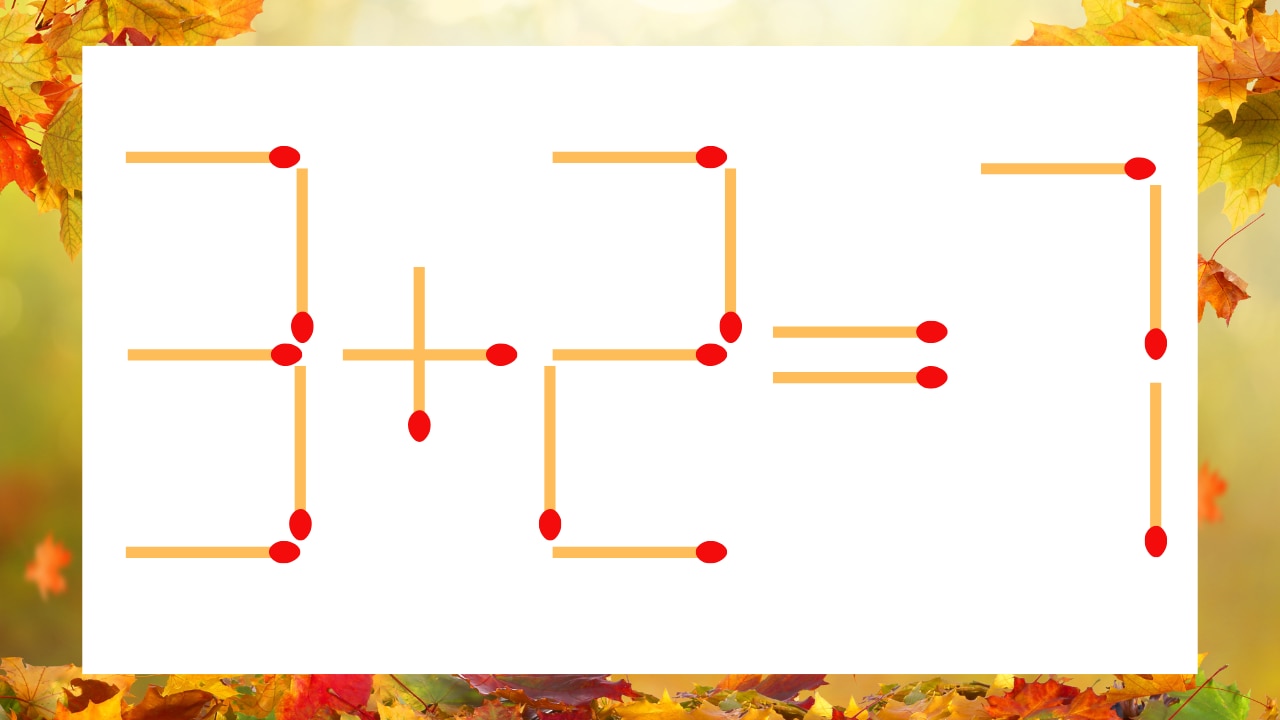 【マッチ棒クイズ】1本だけ動かして正しい式に：3＋2＝7？の画像