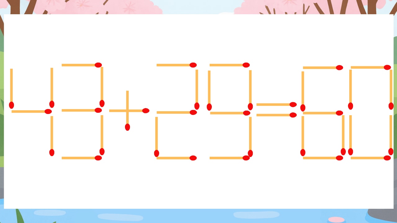【マッチ棒クイズ】1本だけ動かして正しい式に：43+29=60？の画像