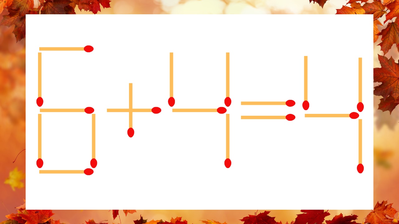 【マッチ棒クイズ】1本だけ動かして正しい式に:6+4=4?の問題画像