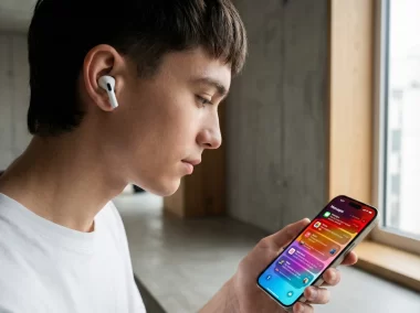 AirPods Proを装着しながらiPhoneの通知を確認している人物のイメージ画像