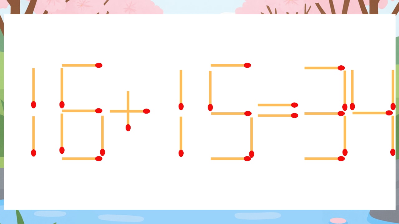 【マッチ棒クイズ】1本だけ動かして正しい式に:16+15=34?の画像
