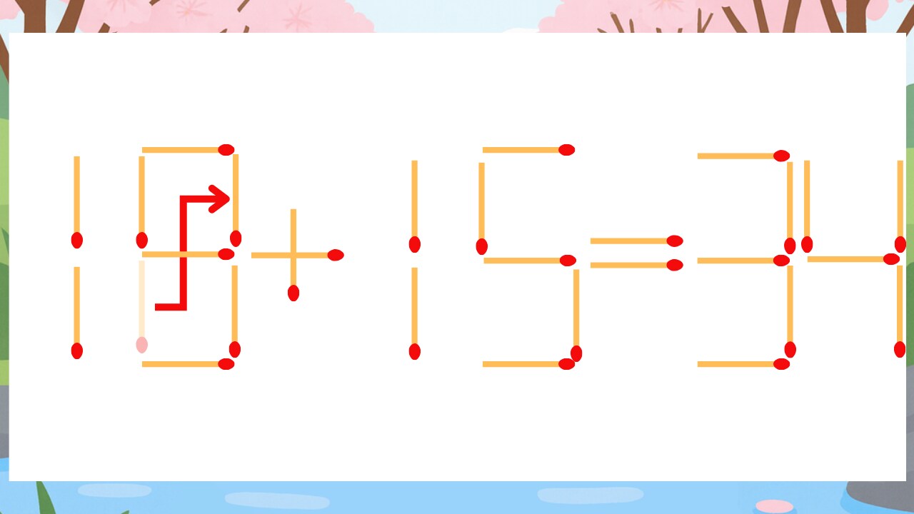 【マッチ棒クイズ】1本だけ動かして正しい式に:16+15=34?の正解画像