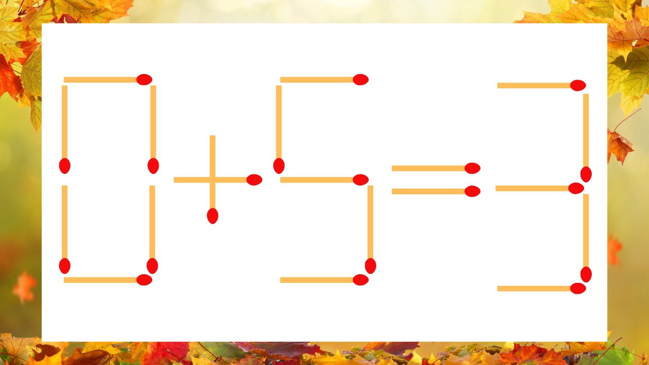 【マッチ棒クイズ】1本だけ動かして正しい式に:0+5=3?の画像