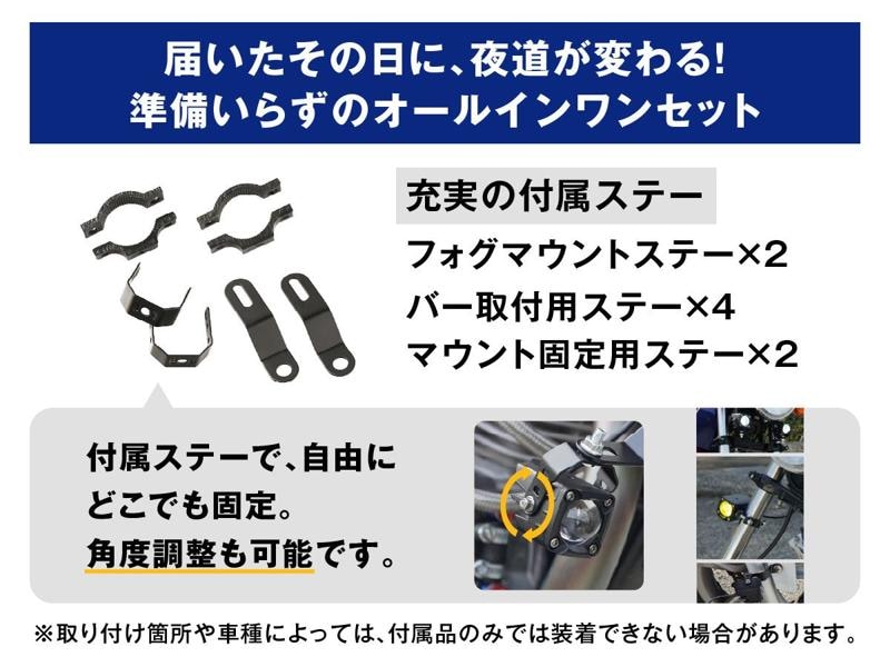 fcl.バイク用フォグにスイッチステーが標準付属。固定の不安を解消し夜道も安心。